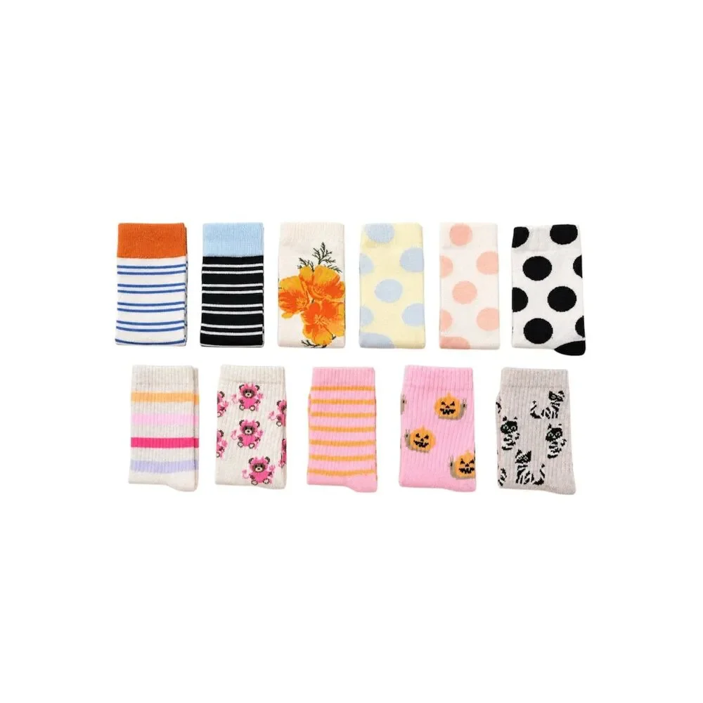Women's Cute Funky Crew Socks Bundle 11 Pairs Floral Halloween Stripes Polka Dot